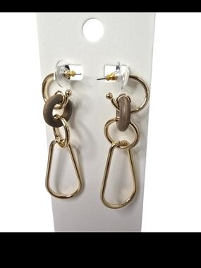 Gold Hoop Link Drop Earrings with Taupe Wood Accents